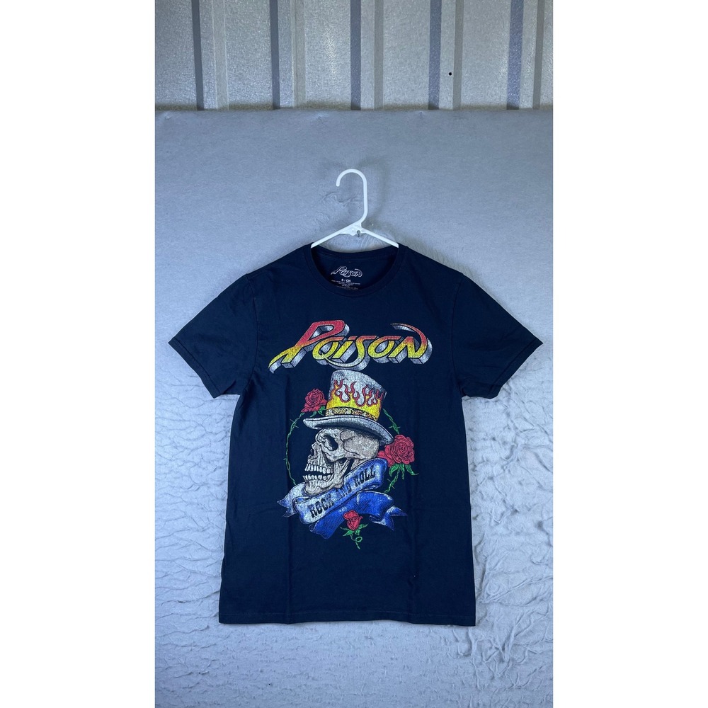Poison Graphic T Shirt Mens Small Black Excellent Rock Band Skull Roses Tee